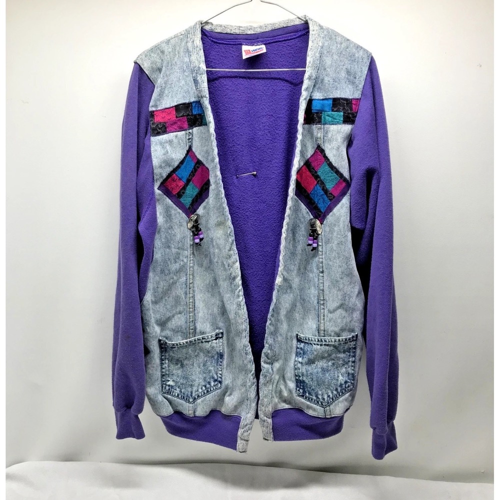 Vintage Hanes Sport Southwest Aztec Jacket Denim Fleece Retro 80s 70s Retro VTG